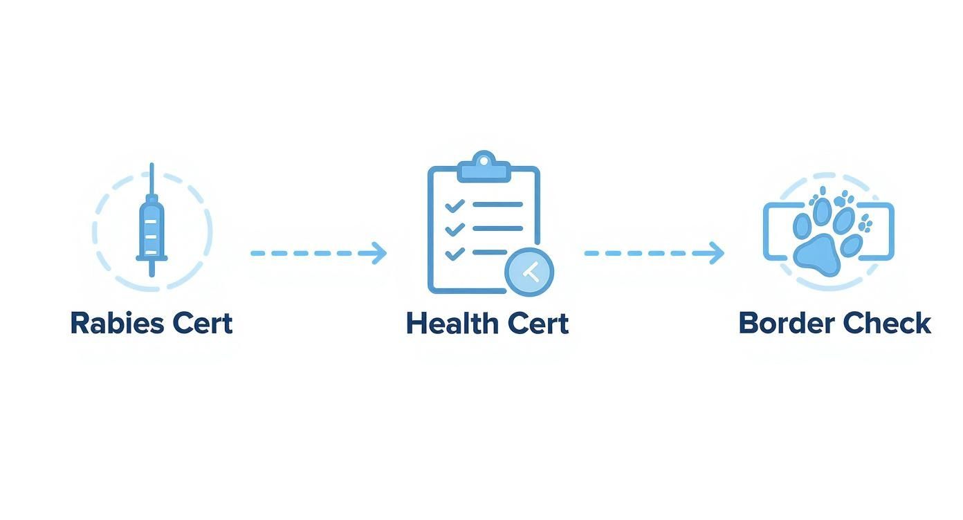 Infographic illustrating the process for pet entry, including rabies and health certifications, and border checks.