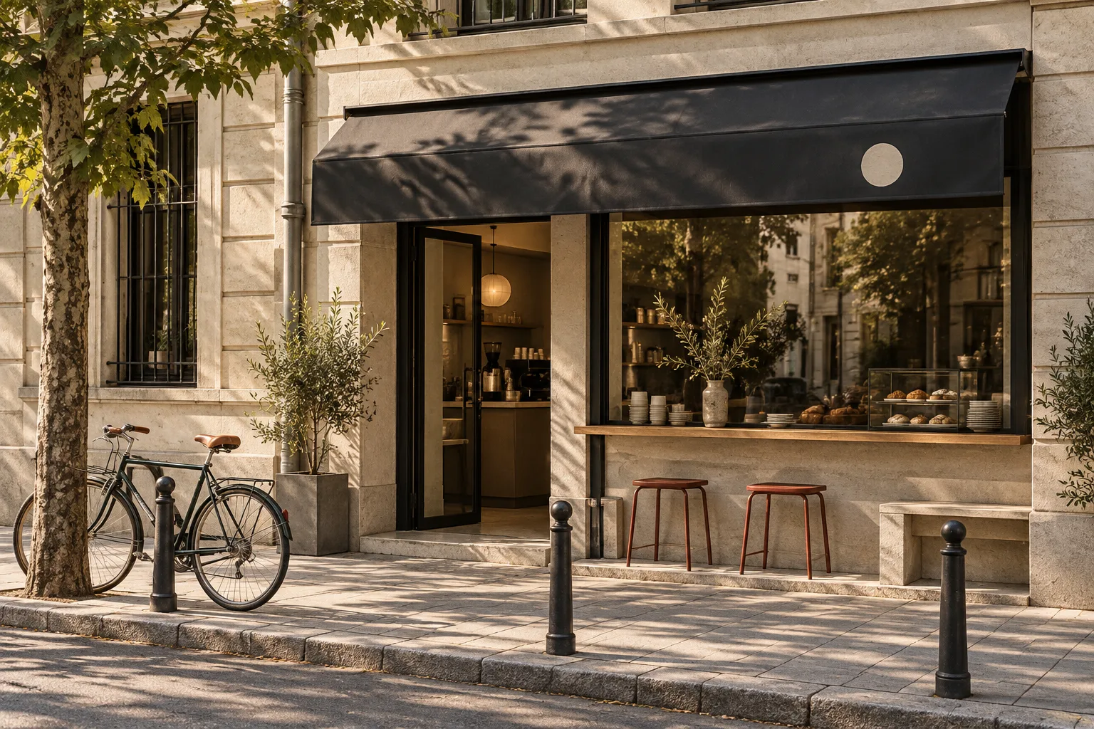Coffee bar facade with a dark awning, window counter, two red stools and a bicycle parked outside