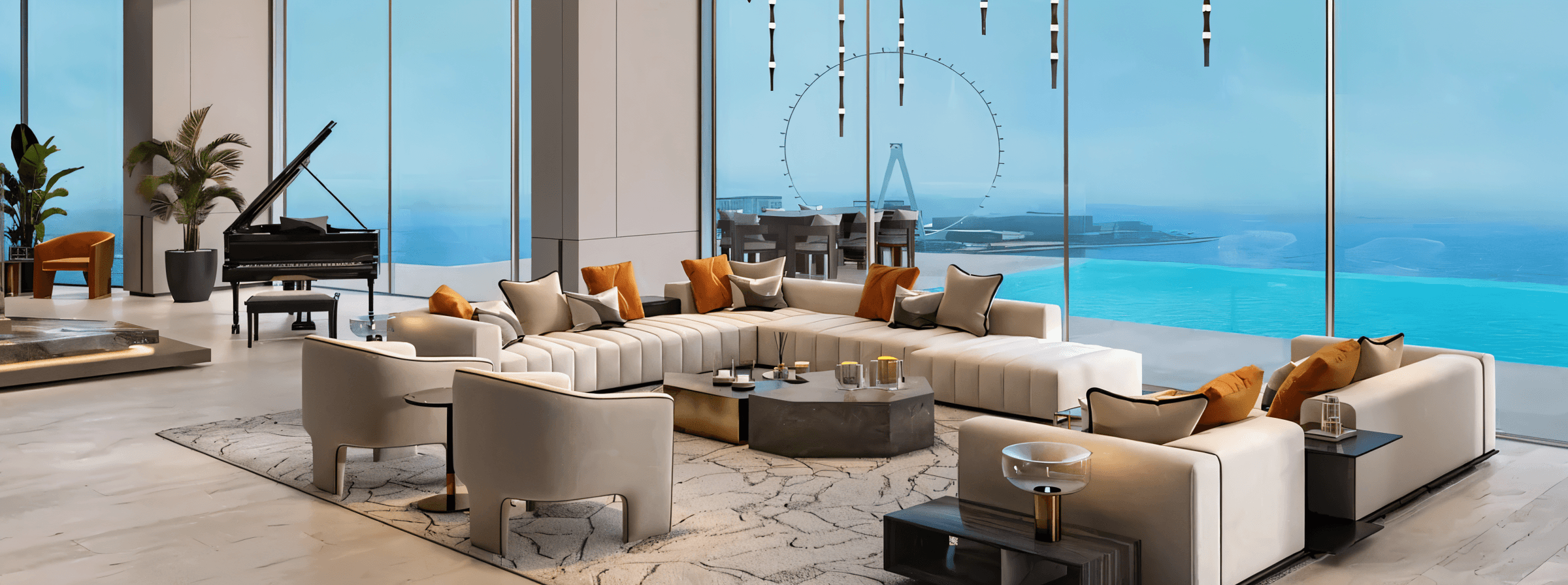 A spacious living room features a large glass wall that offers a view of the pool outside.
