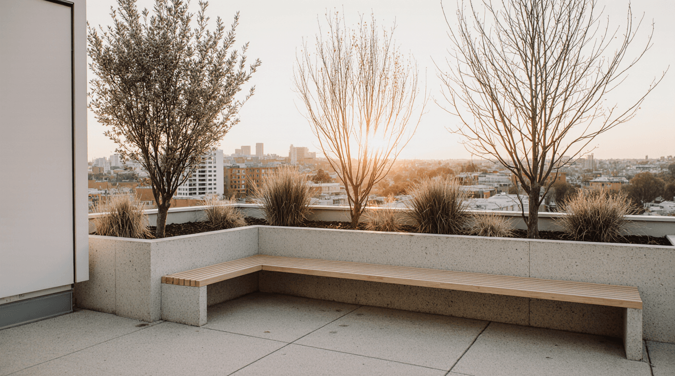 Rooftop terrace with a built-in wooden bench and planters of small trees, overlooking the city at sunset.