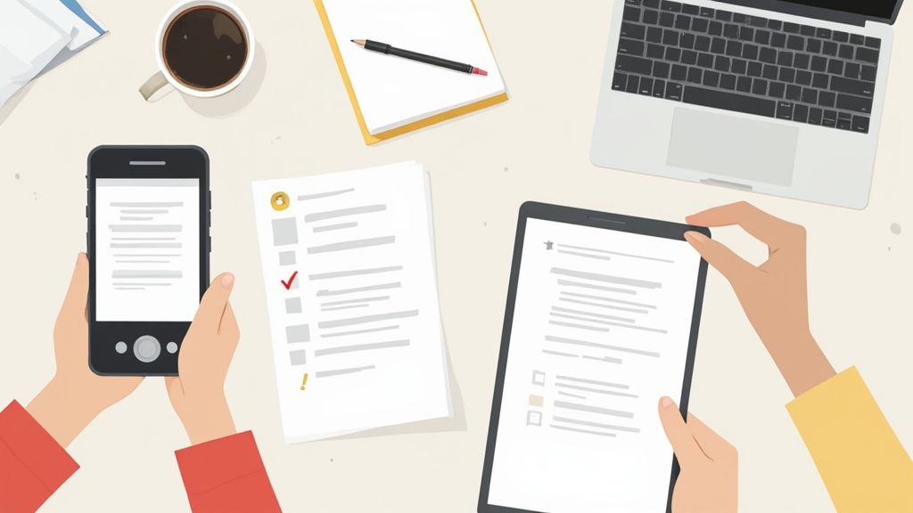 A person using a laptop and a voice recorder to transcribe audio into text, symbolizing the guide's purpose.