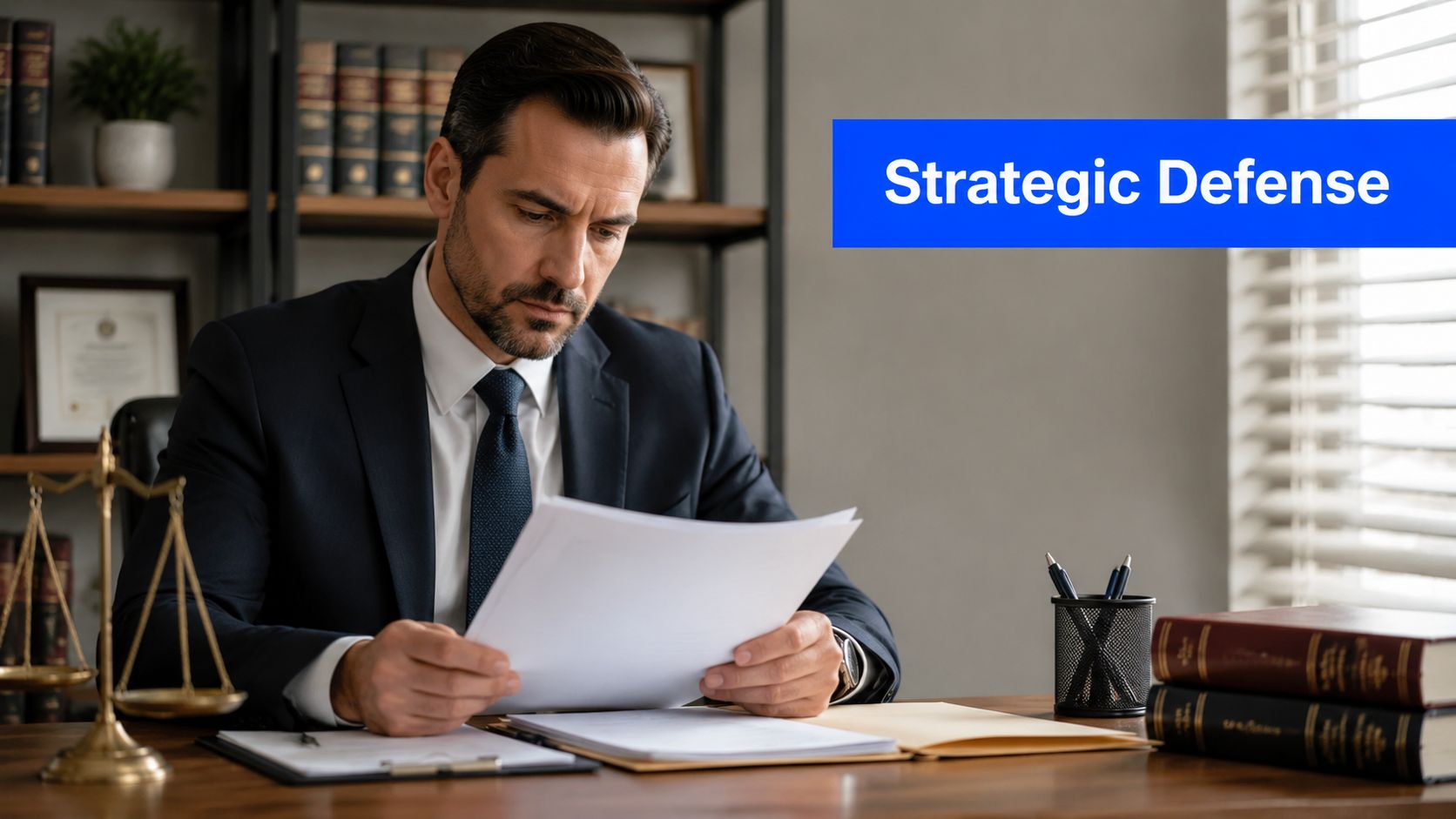 A professional attorney sitting at a wooden desk reviewing legal documents in his office.