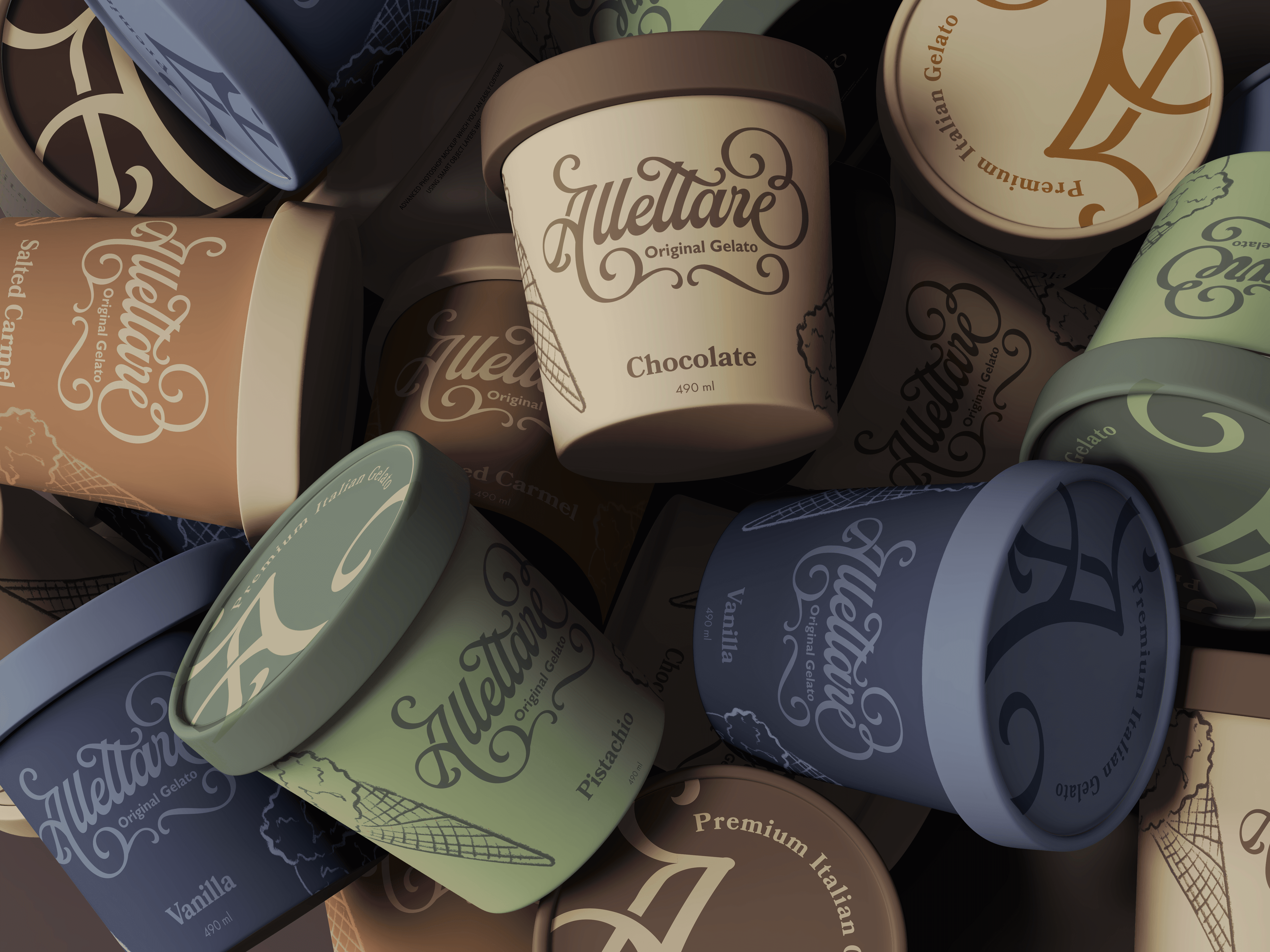 Allettare ice cream packaging all laying on top of each other