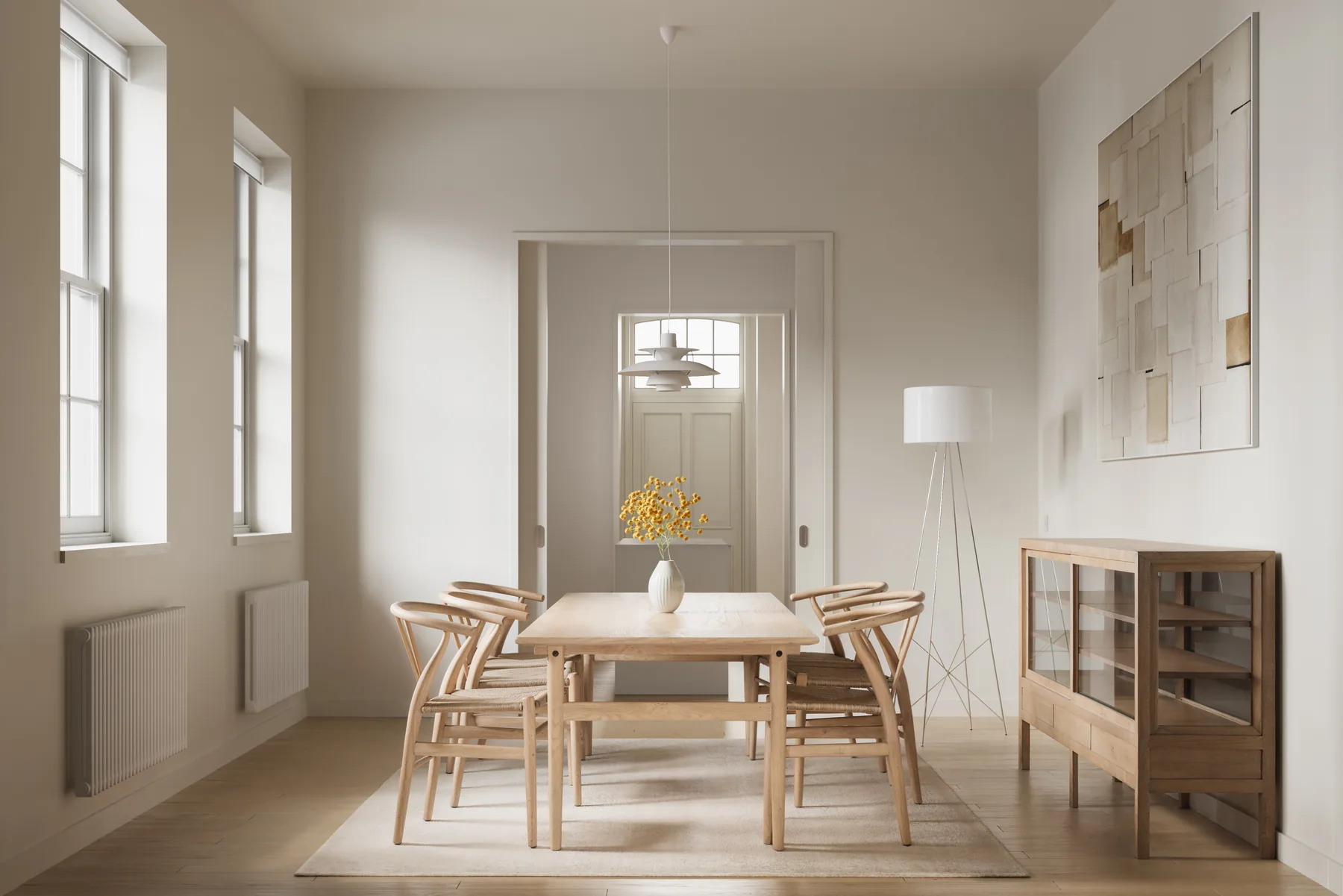 Bedroom with curated art and high ceilings — NewCourt luxury apartment visualization