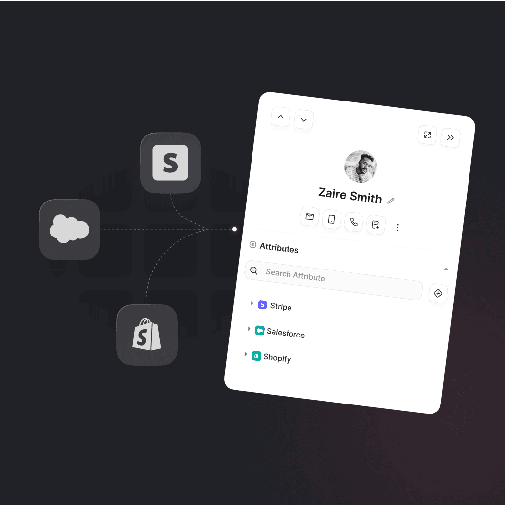 Customer profile of Zaire Smith with integrations from Stripe, Salesforce, and Shopify, displaying attributes and customer data connections.”