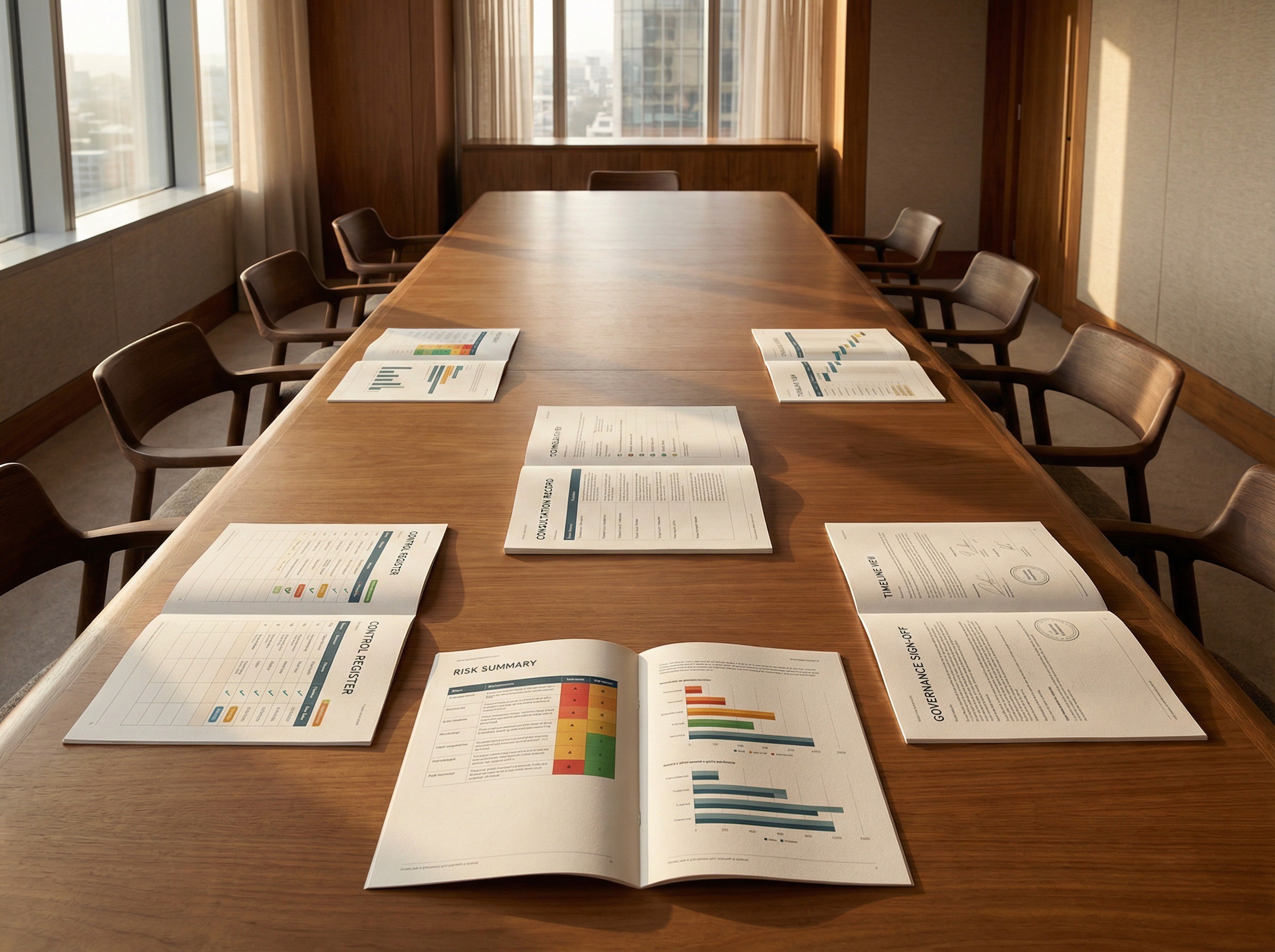A warm, quiet shot of a long timber boardroom table after a governance meeting has concluded. The room is empty of people but full of evidence that structured work just happened. Along the length of the table, five sets of printed documents are spaced at regular intervals — each at a place setting where someone sat — and each set is open to a different page showing a different section of what is clearly the same document system: one shows a risk summary with coloured indicators, another shows a control register with status columns, another shows a consultation record, another shows a timeline view, and the last shows a governance sign-off page. The documents are connected by being different views of the same underlying structure — the viewer can see that they belong together even though each shows a different facet.