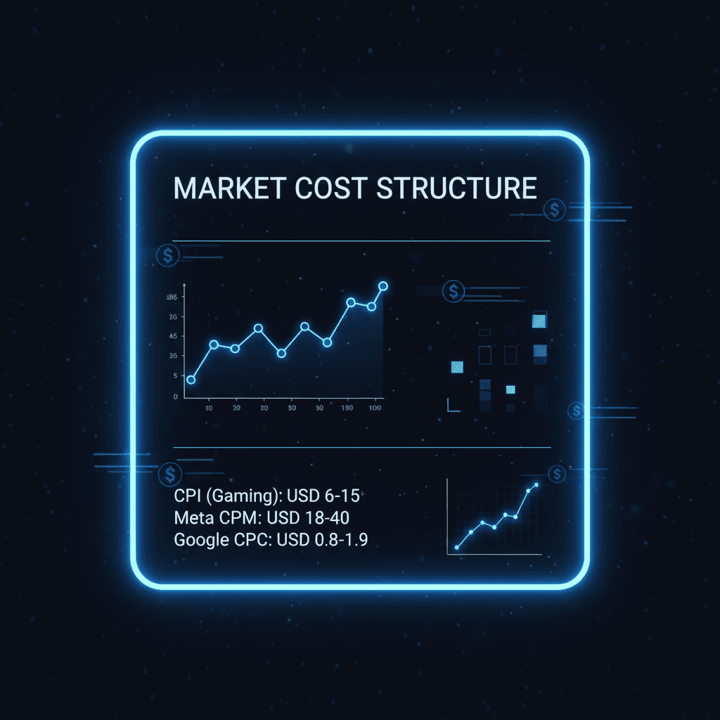 Comparison chart of UAE Meta CPM, Google CPC, and gaming CPI benchmarks.