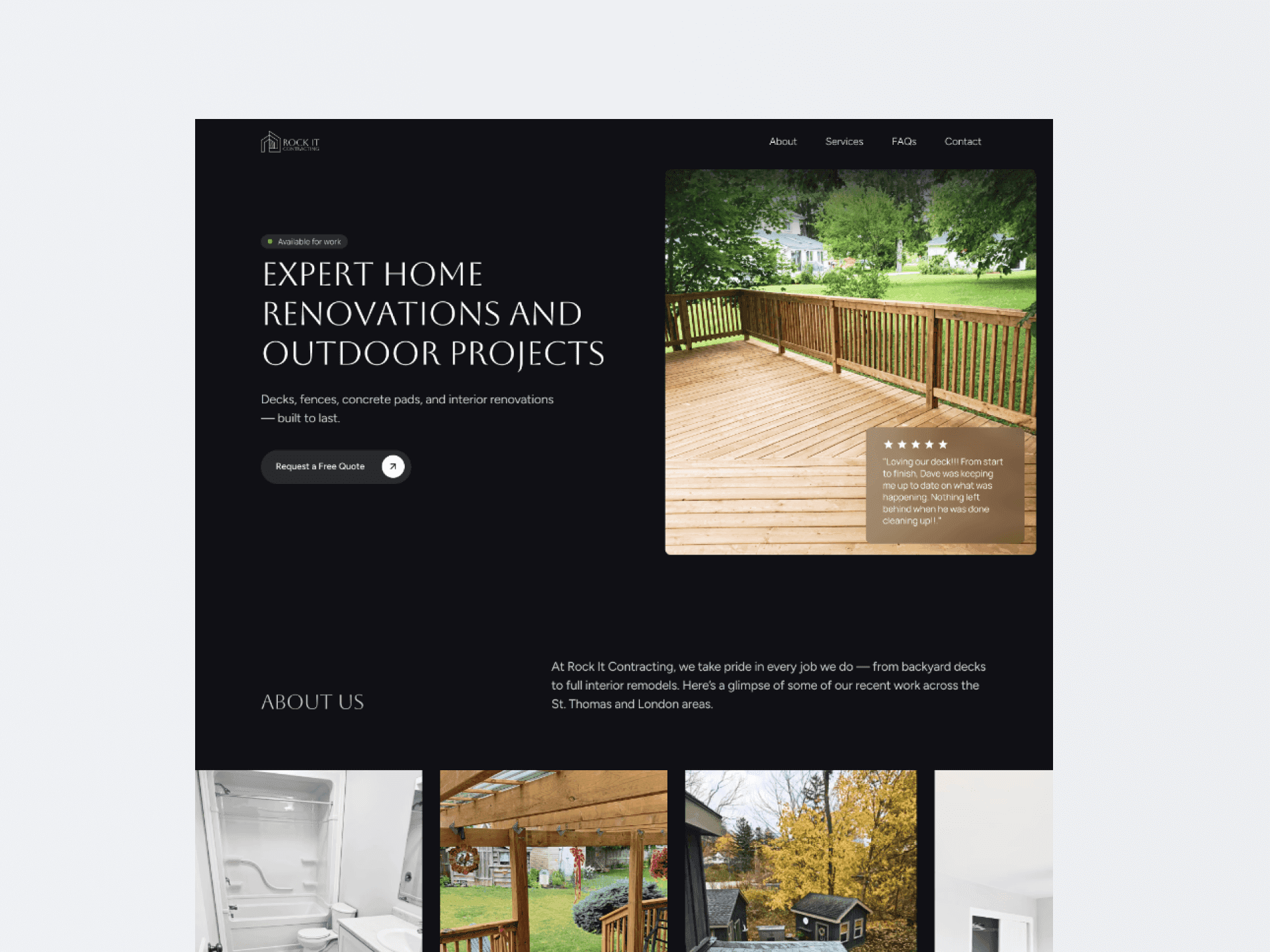 Desktop homepage mockup of the redesigned RockIt Contracting website.