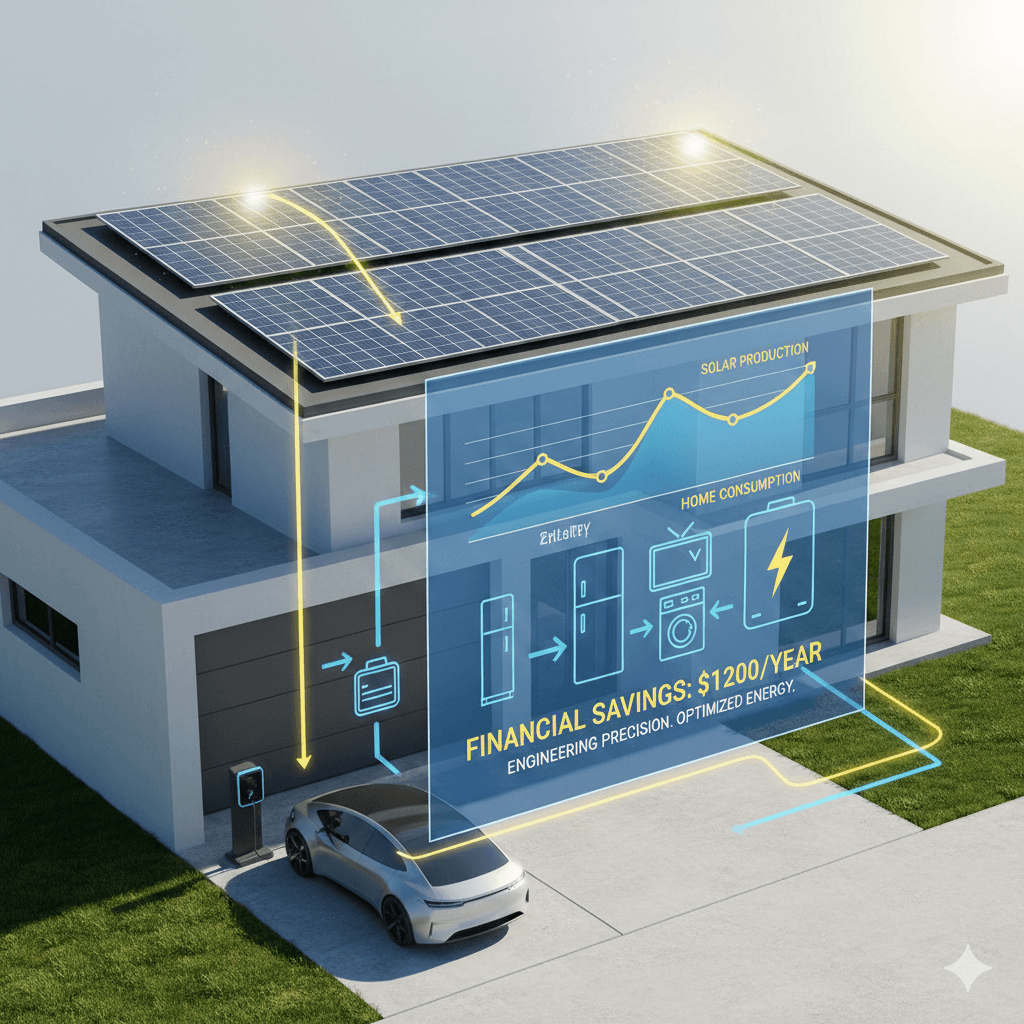 Infographie 3D photoréaliste d'une maison moderne blanche avec des panneaux solaires sur le toit. Un écran holographique bleu et jaune est superposé à la maison, affichant un graphique des courbes de production et de consommation d'énergie. Des flèches lumineuses jaunes montrent l'électricité circulant du soleil vers les panneaux, puis vers une batterie de stockage, un chargeur de voiture électrique et des appareils électroménagers.