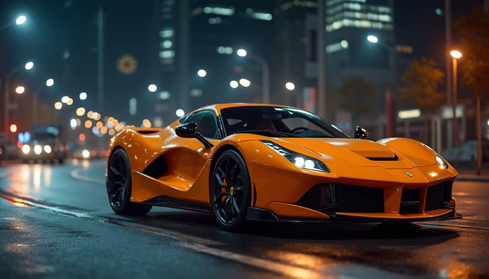 Supercar de luxe orange vif garée sur une rue de ville mouillée la nuit, avec les lumières de la ville floues en arrière-plan.