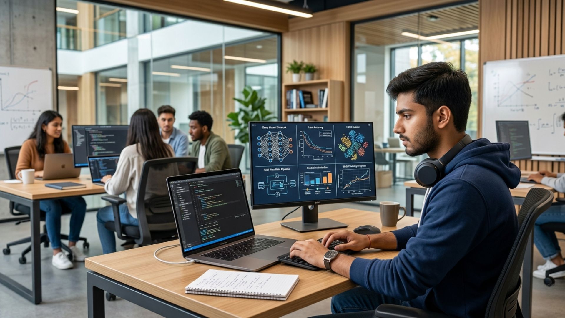 Student working on coding and AI models in a modern lab for cse vs ai engineering