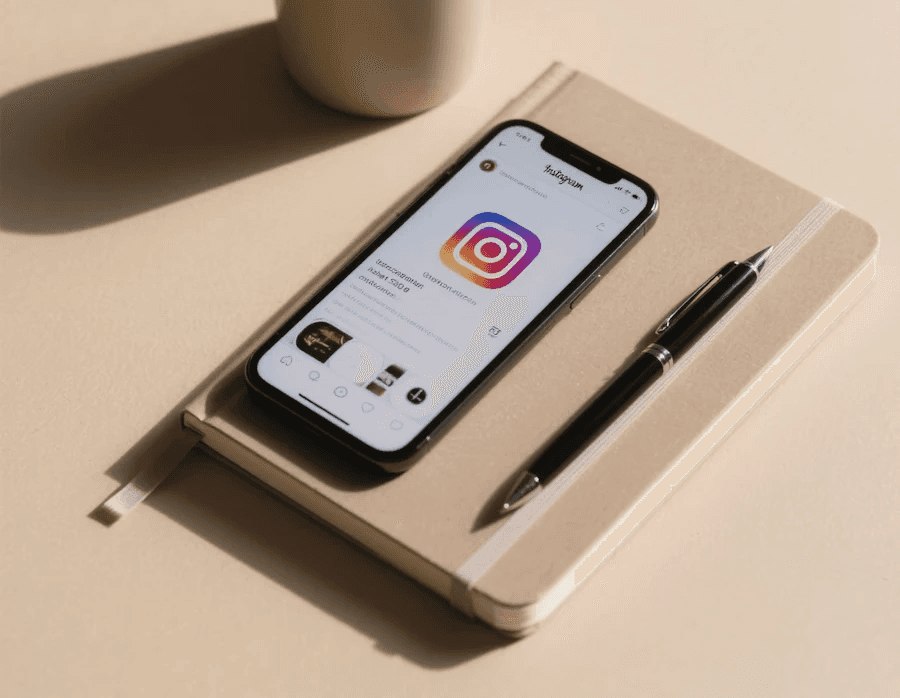 Smartphone showing Instagram, coffee cup, notebook and pen