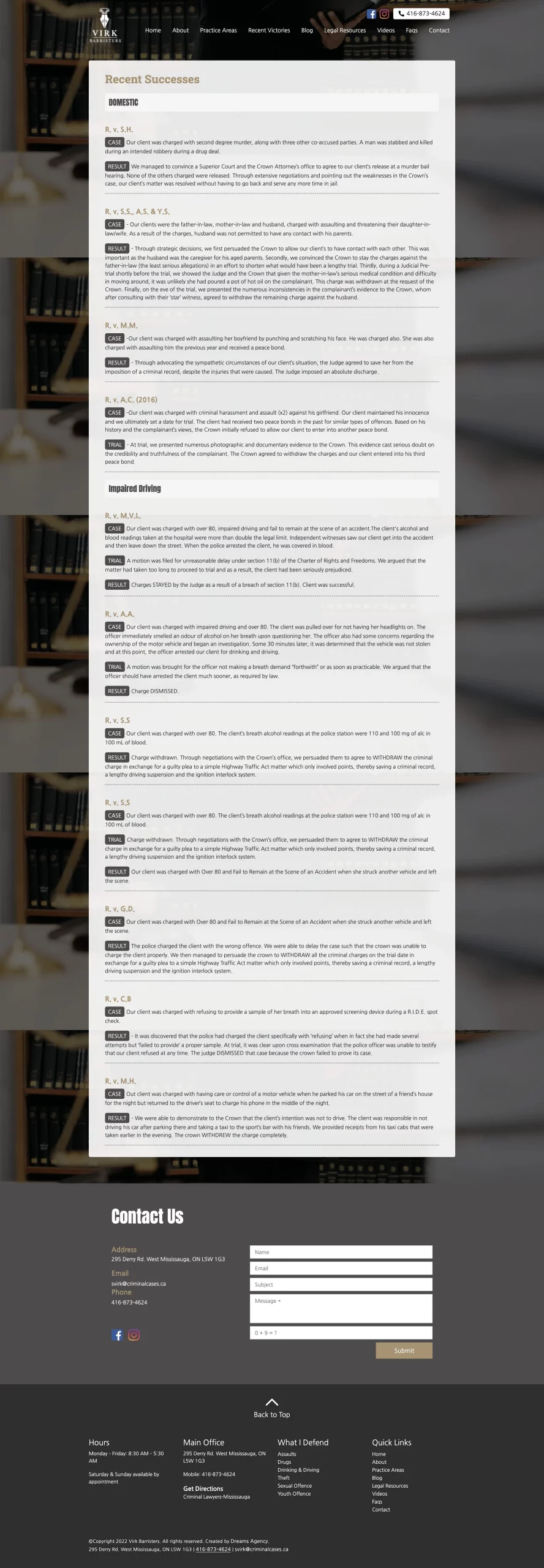 recent victories page for virkbarristers website developed & designed by Dreams Agency Mississauga, Ontario
