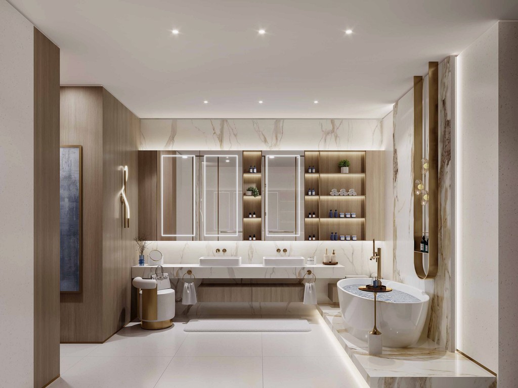 Contemporary bathroom with marble walls and a stylish tub, set in Sunset Bay, Dubai during sunset.