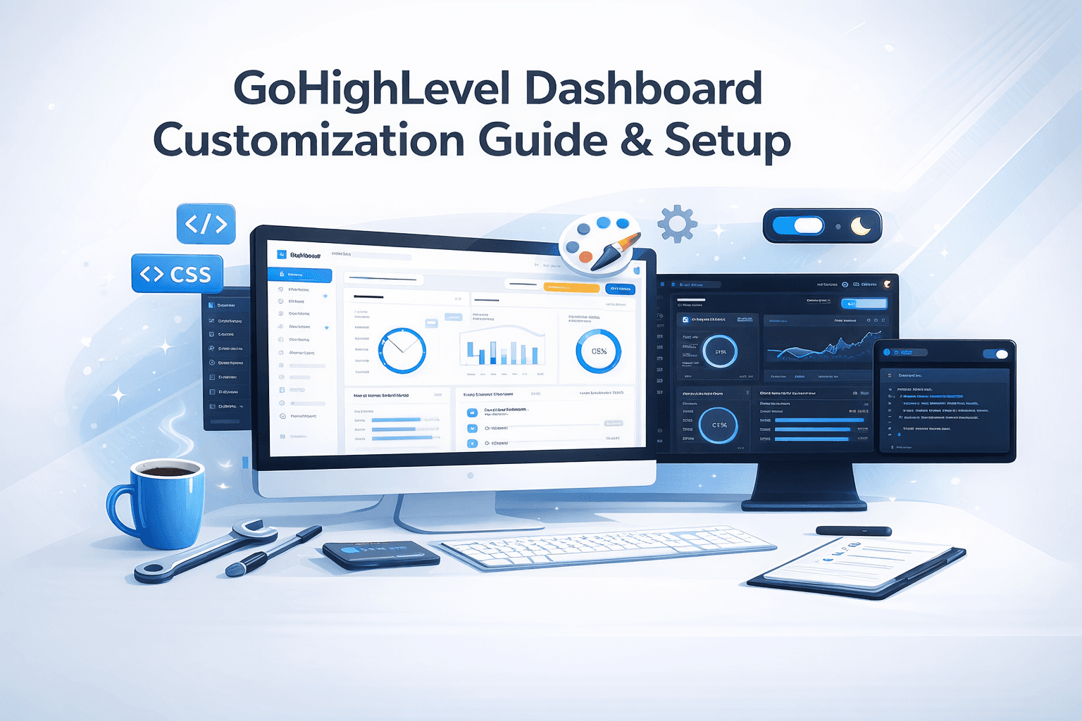 GoHighLevel dashboard customization with light and dark mode interface, custom CSS elements, widgets, and a modern workspace setup