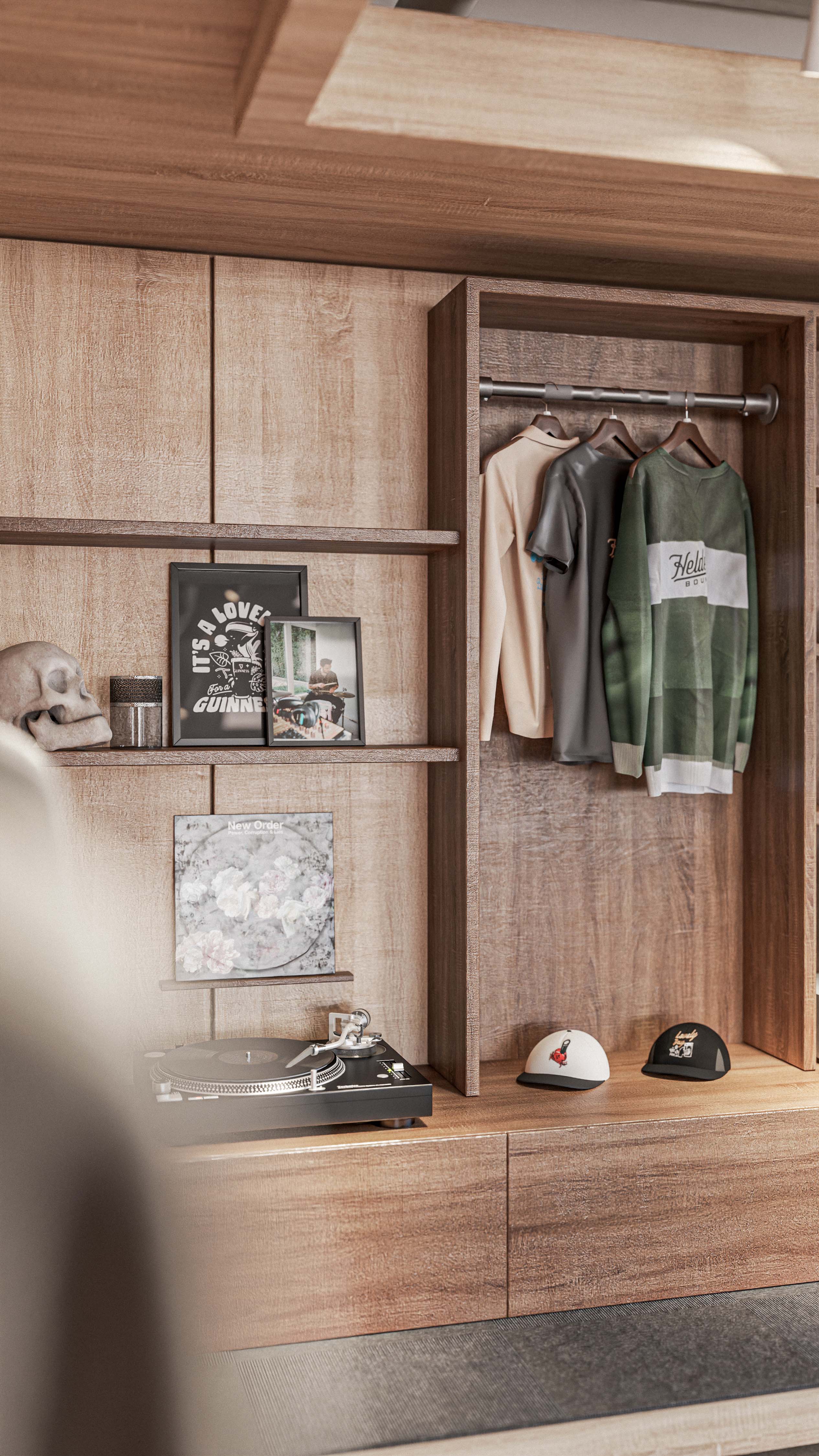 Photorealistic CGI retail interior visualisation by James Lyons of PixelSpaces for Bound Manchester, featuring bespoke timber display cabinetry, fashion merchandise, lifestyle styling, premium retail fixtures and contemporary store design