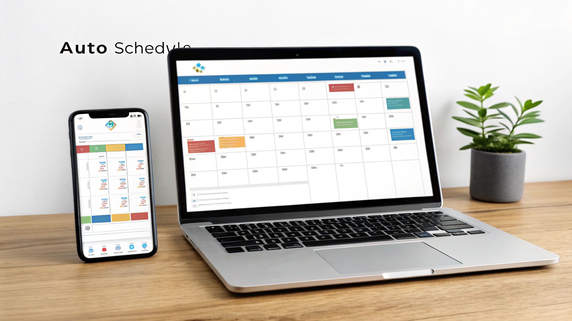Smartphone and laptop displaying a calendar-based auto-scheduling application on a wooden desk.