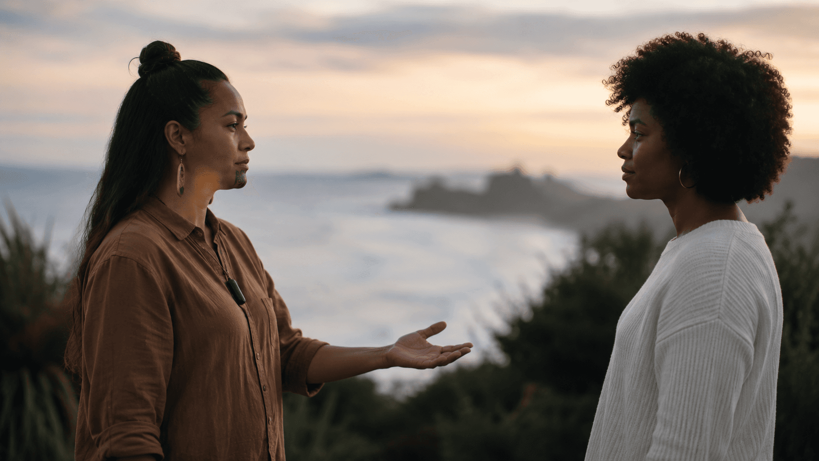Two people standing apart at dusk, one reaching tentatively toward the other, rebuilding trust in a relationship