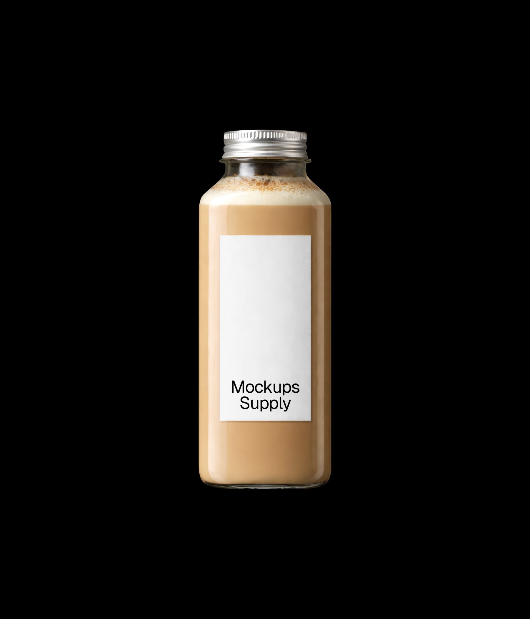 Glass coffee bottle mockup with latte drink for cafe branding presentation download on Mockups Supply