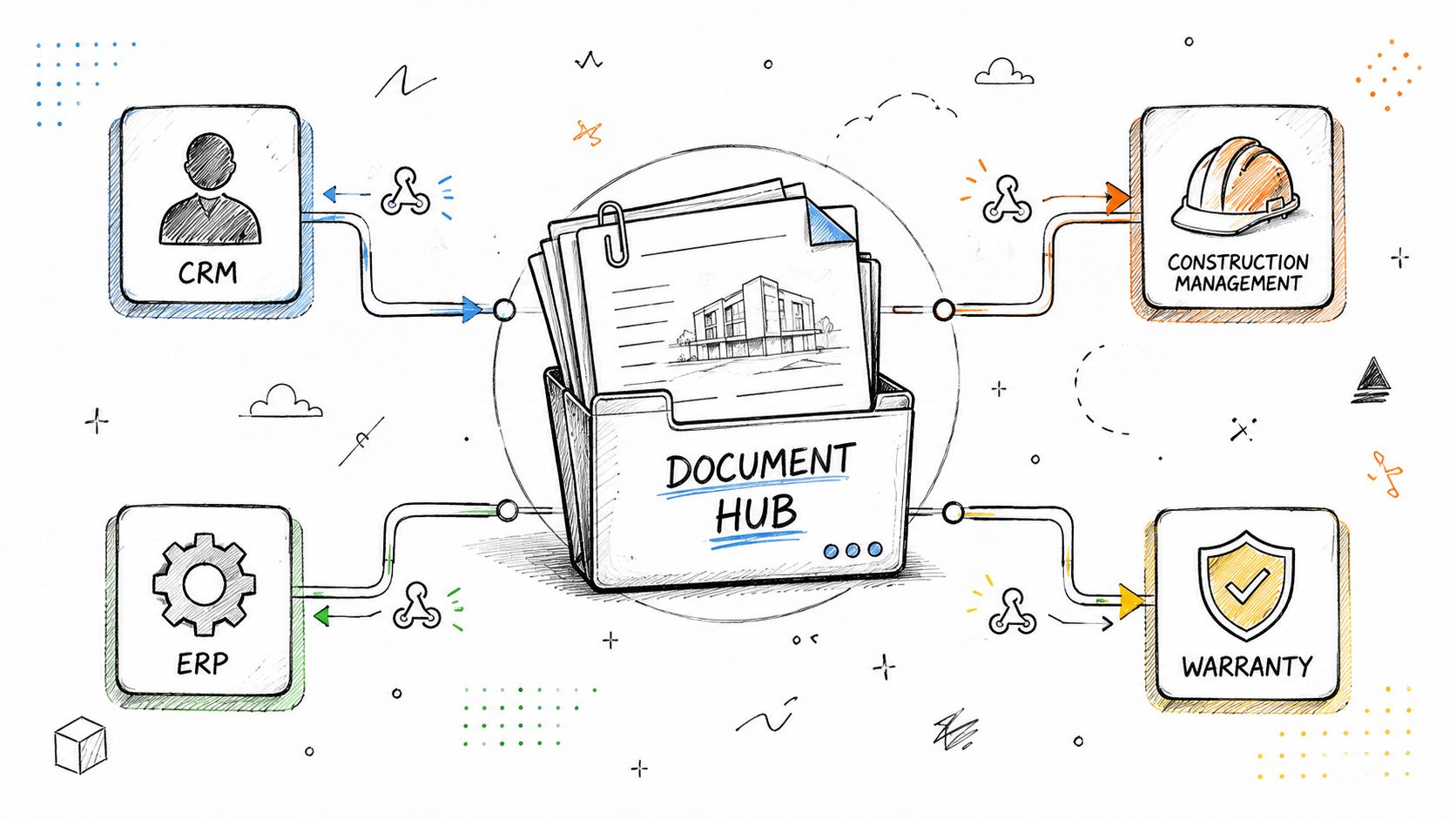 A diagram illustrating a central document hub connected to CRM, ERP, construction management, and warranty systems.