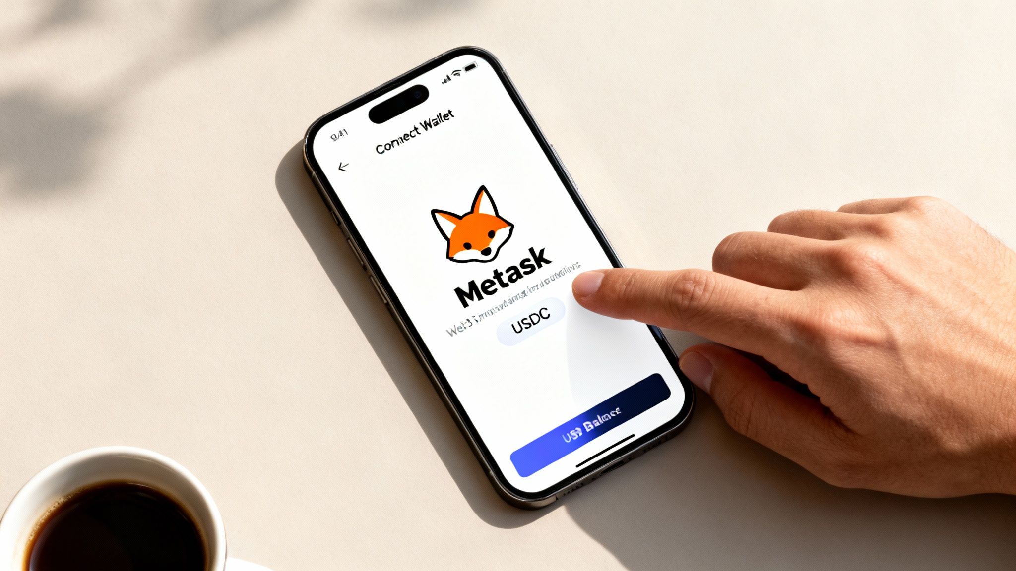 Close-up of a hand tapping a smartphone screen displaying a Metask crypto wallet with USDC.