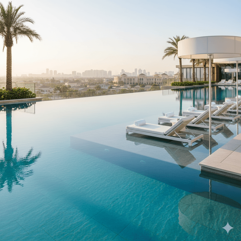 Luxury rooftop infinity pool with white loungers overlooking the skyline in Sector 113, Gurugram
