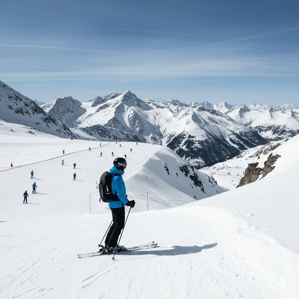 skier die over een piste kijkt 