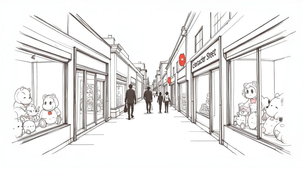 A black and white line drawing depicting a bustling shopping street lined with shops displaying cute teddy bears and people walking.