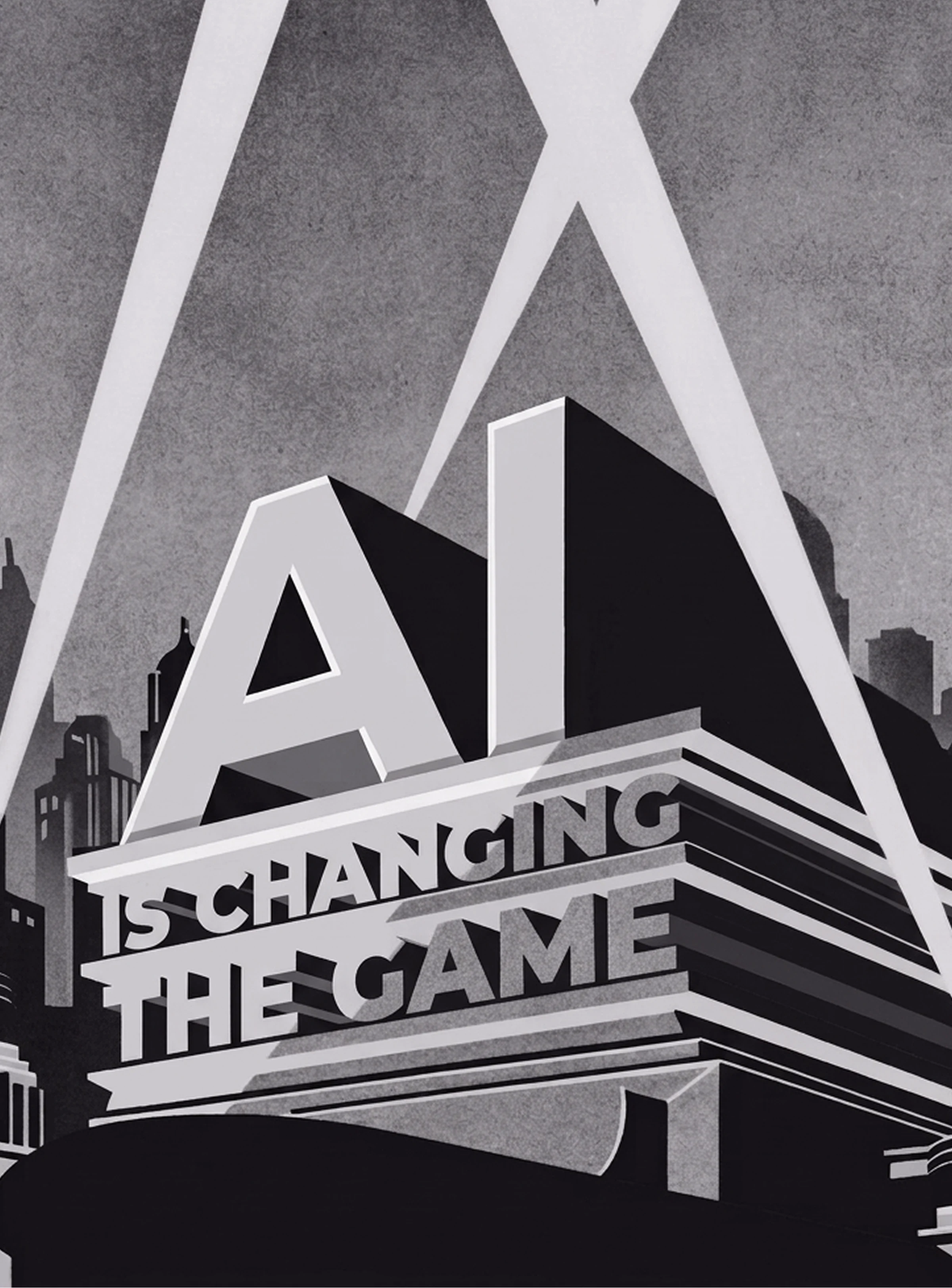 Monochrome illustration of the "AI Is Changing The Game" text built as a giant 20th Century Fox-style studio sign