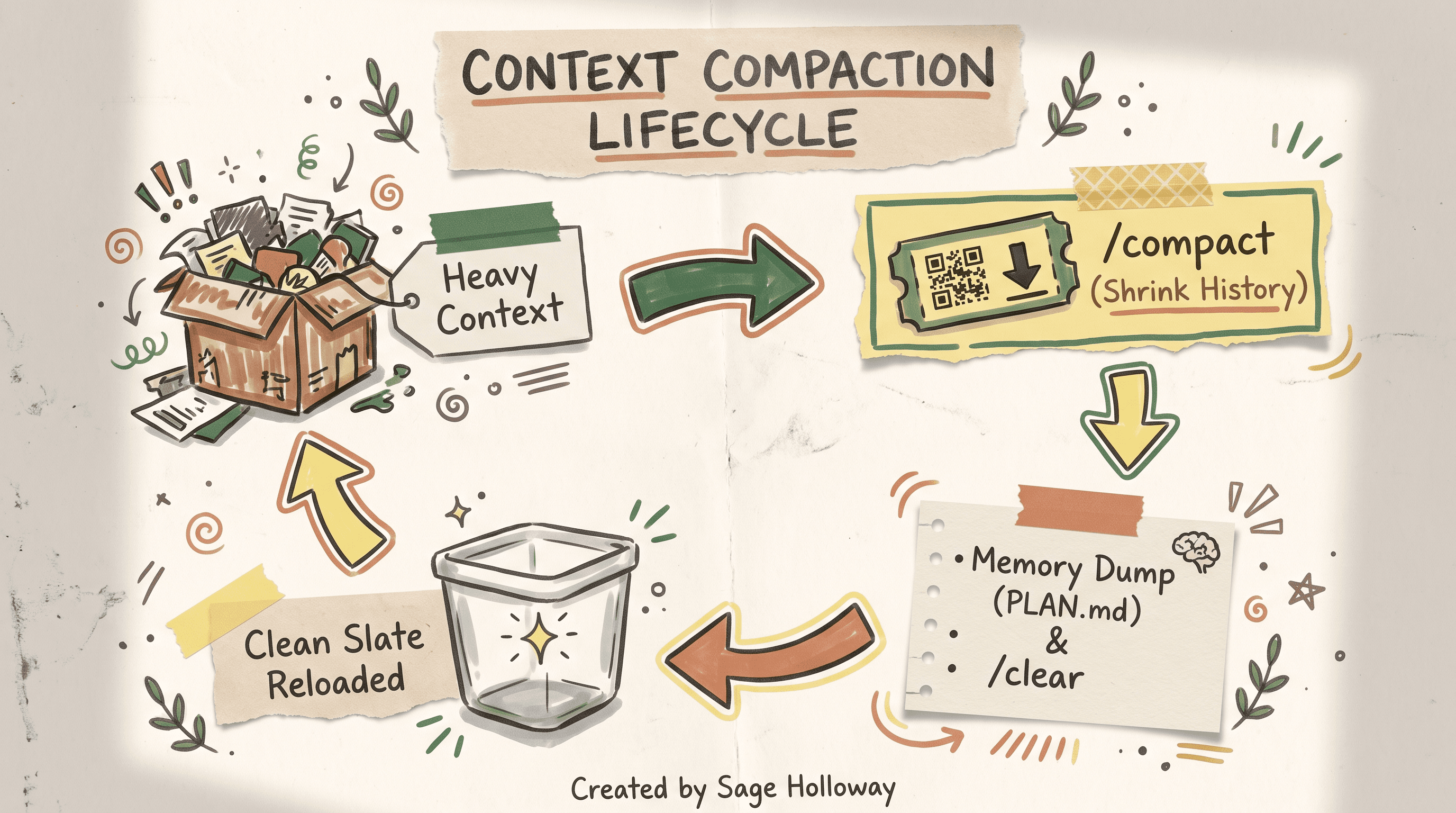 Scrapbook diagram of Claude Code context compaction and token hygiene lifecycle in VS Code
