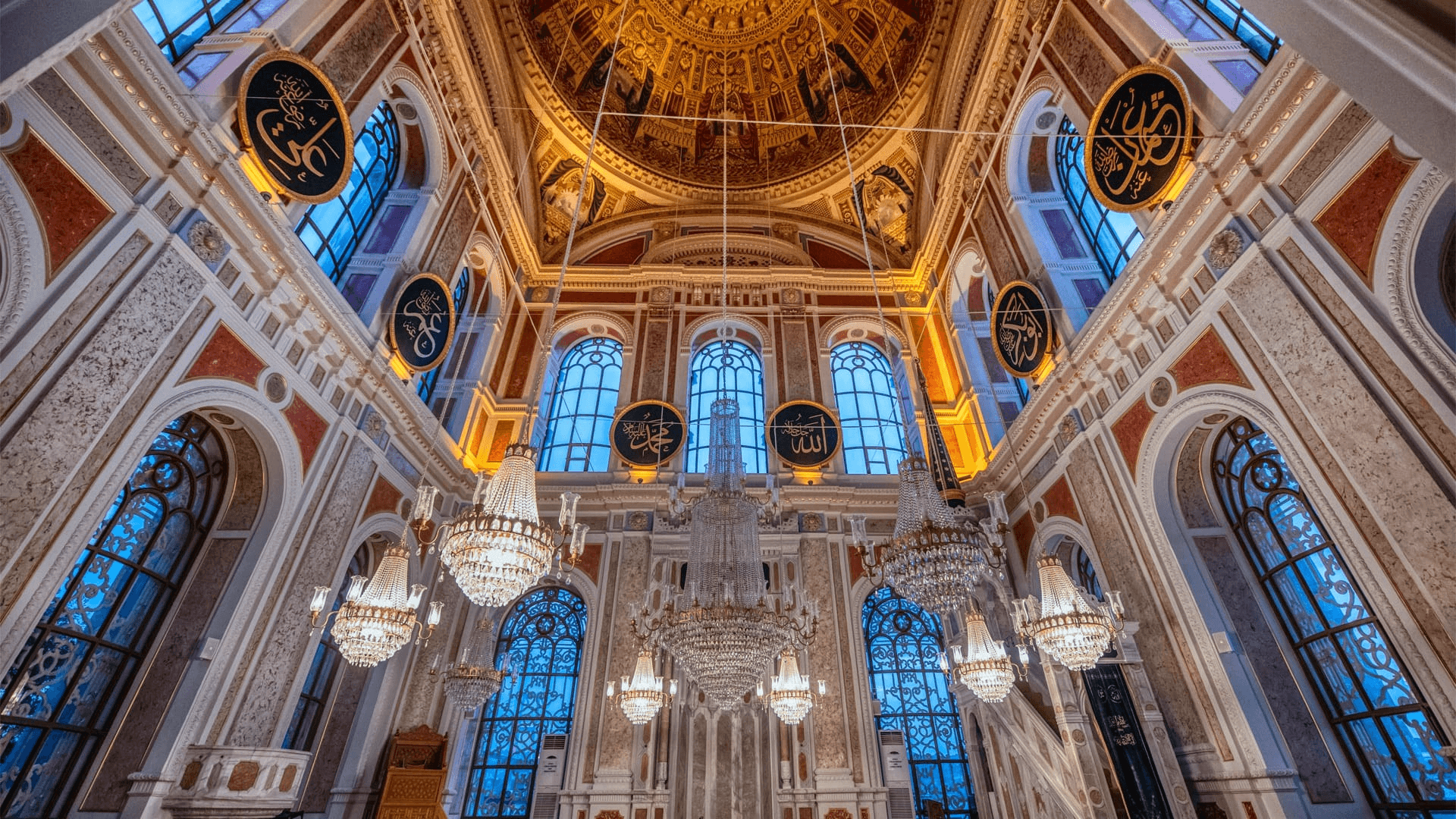 Inside Ortakoy Mosque showing Ottoman details and chandelier, Istanbul