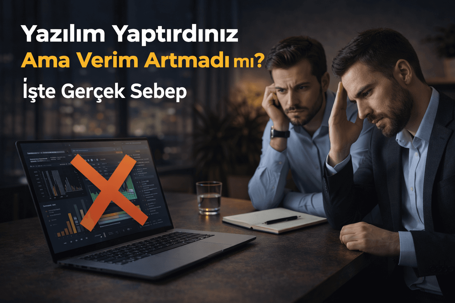 “Two executives examining business analytics and operational performance metrics on a large screen”