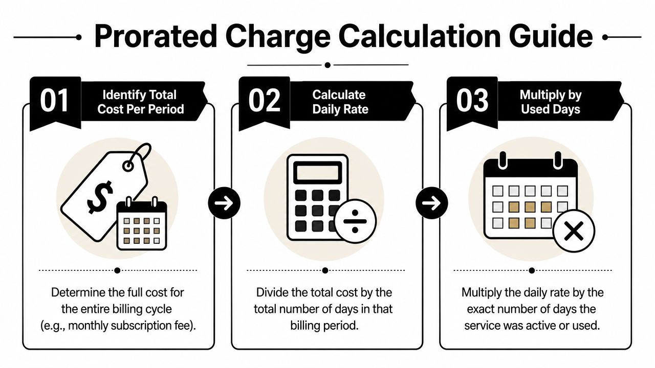 A three-step infographic explaining how to calculate a prorated charge for billing cycles.