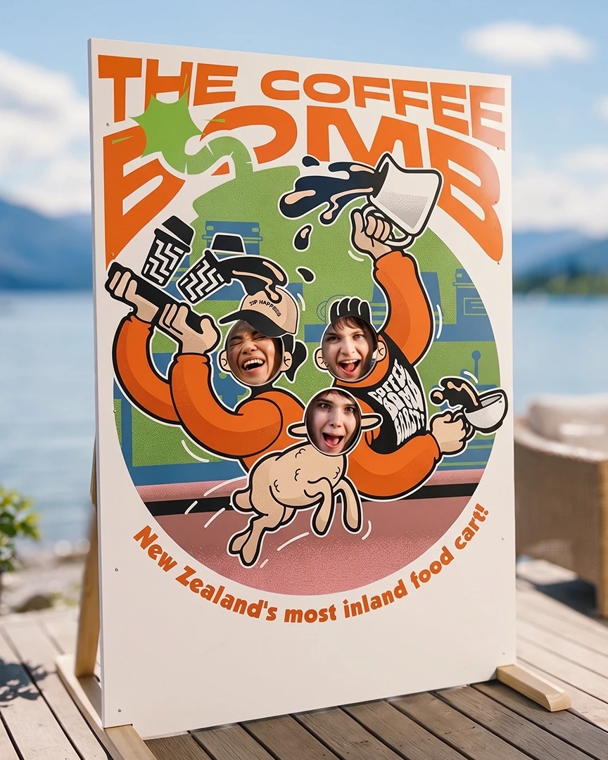 The Coffee Bomb Face cutout Standee Mockup