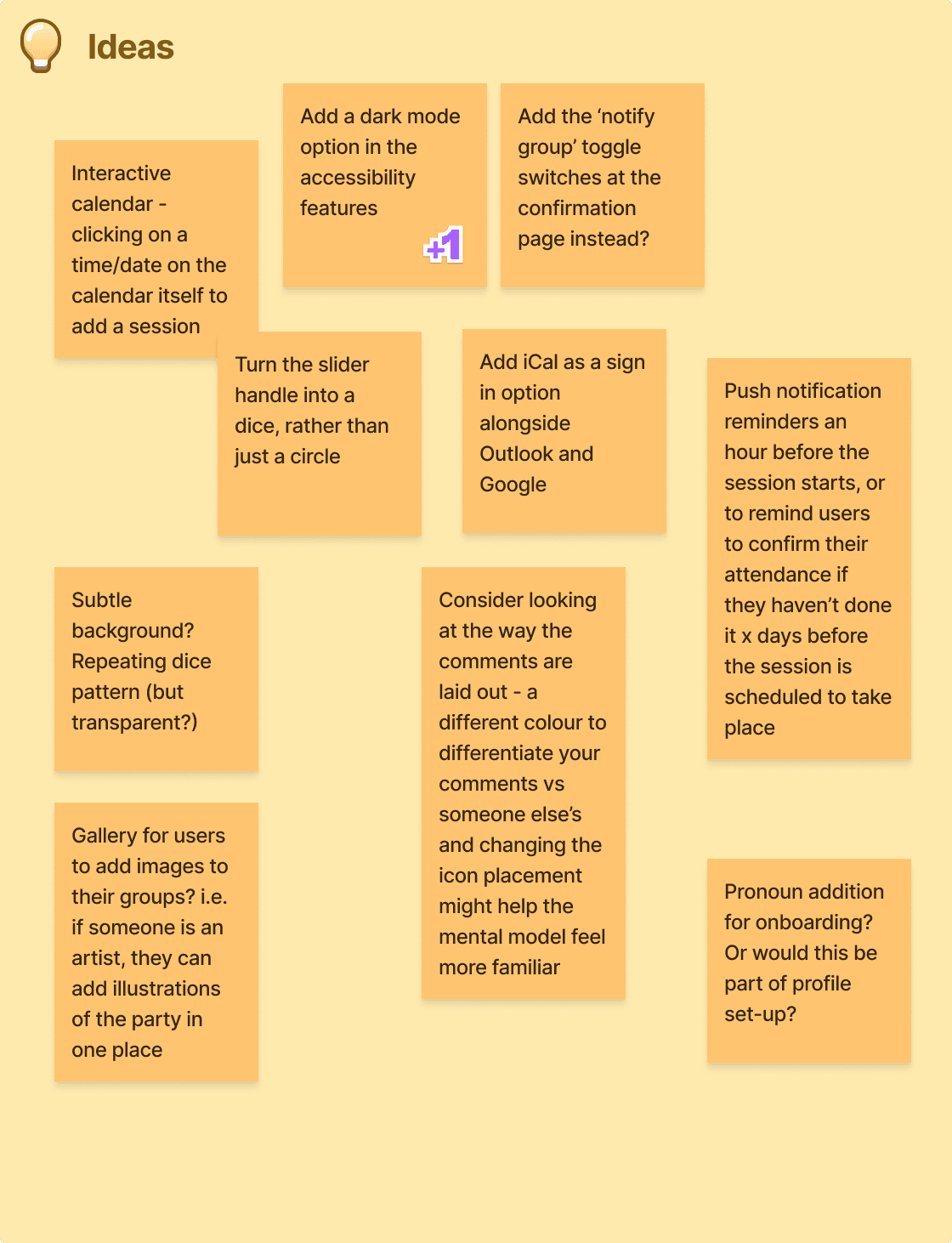 The 'ideas' section of a feedback grid. It features comments like 'add a dark mode option' and 'add push notifications' in yellow post-it notes.