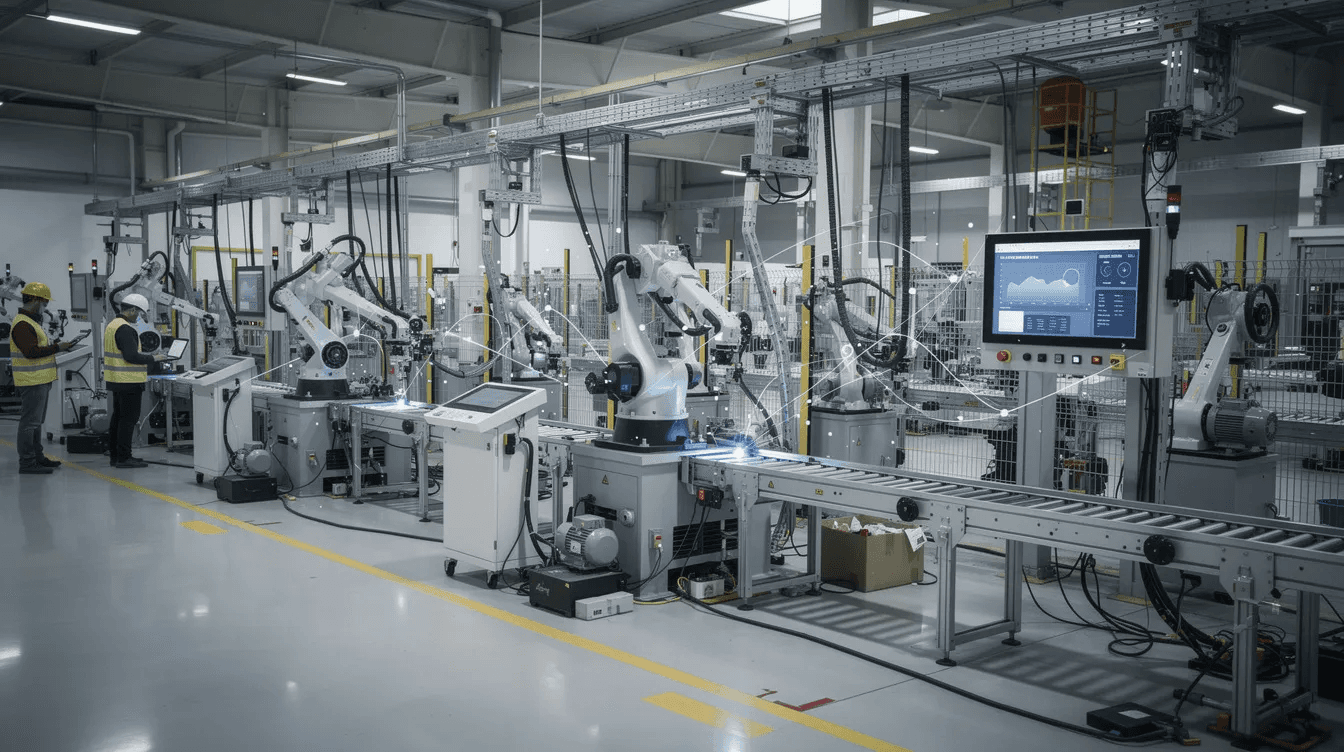 The image depicts an industrial factory floor filled with connected devices, including various machinery and sensors that enable remote monitoring and device management. This setup highlights the integration of IoT device management platforms for optimizing operations, ensuring device uptime, and facilitating predictive maintenance through secure communication and data processing.