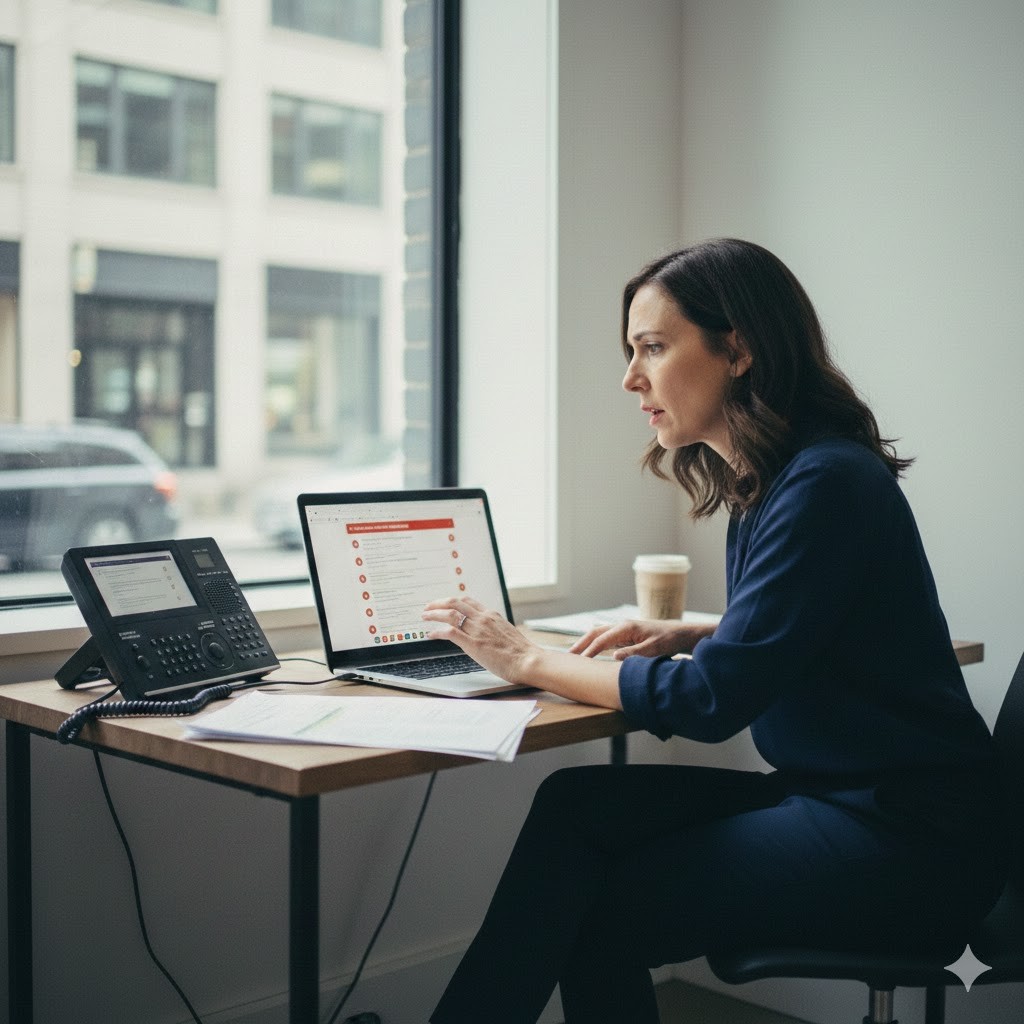 A concerned home care agency owner looks at a ringing office phone and laptop showing multiple missed call alerts in a small modern office.