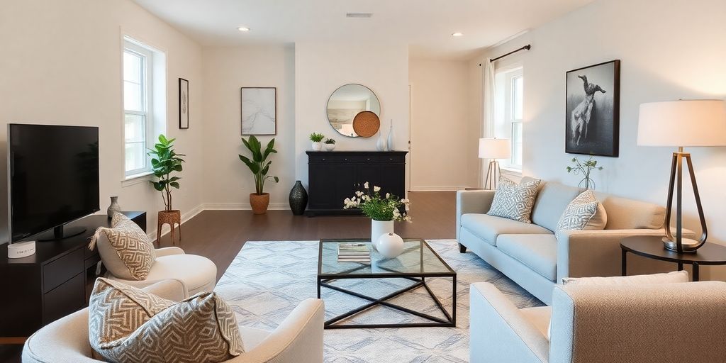 Staged living room with modern furniture and decor.