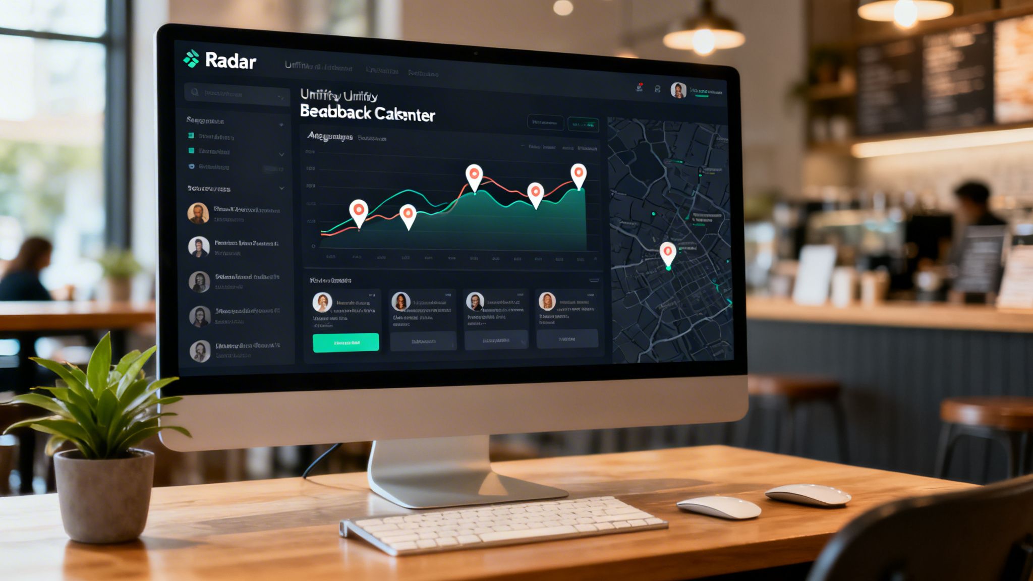 A desktop computer displaying a dark-themed data analytics dashboard with charts and a map in a cafe setting.