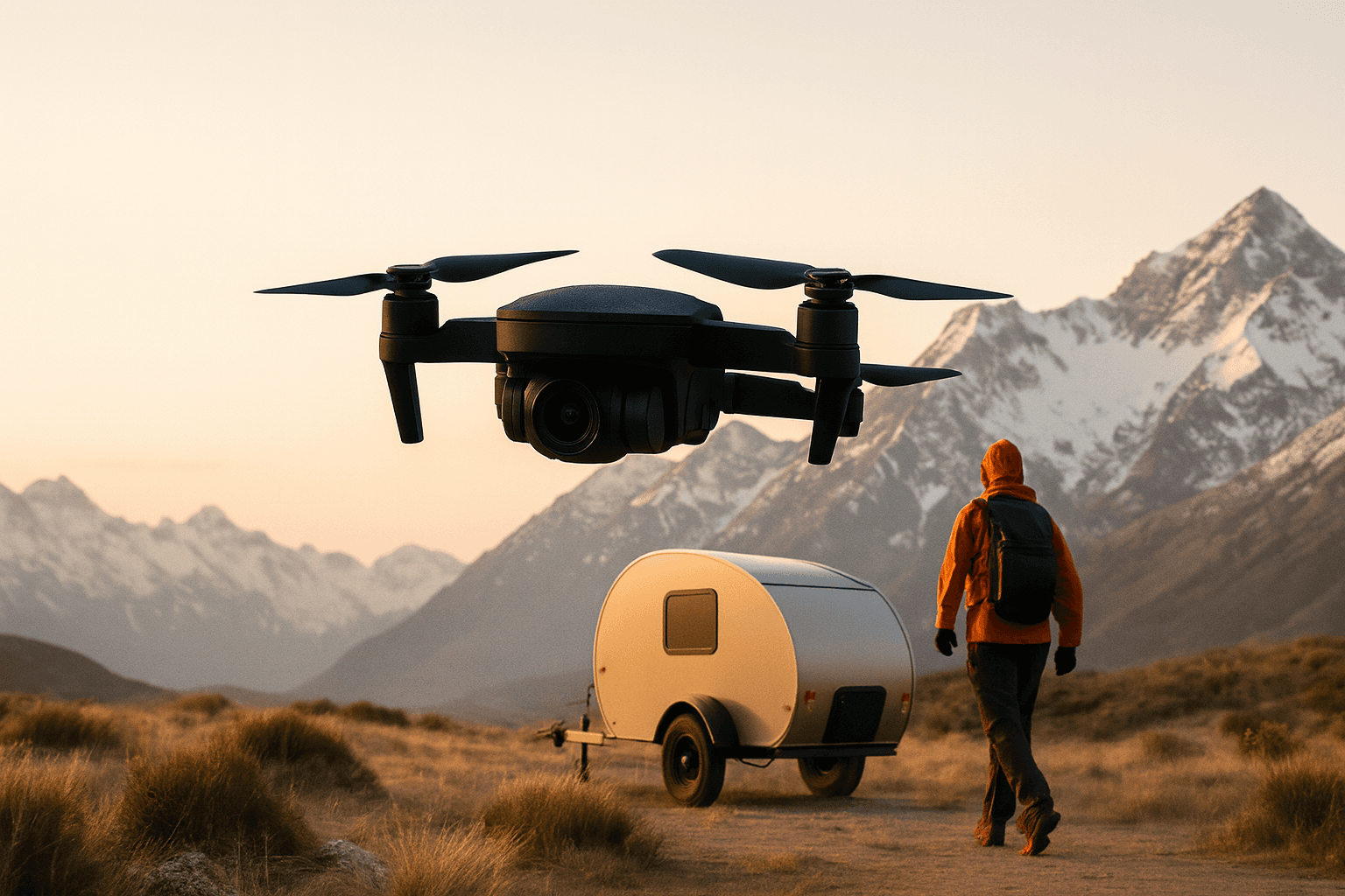 A person wearing an orange jacket and backpack walks along a trail towards snowy mountains, with a drone flying nearby and a small caravan towed behind them.