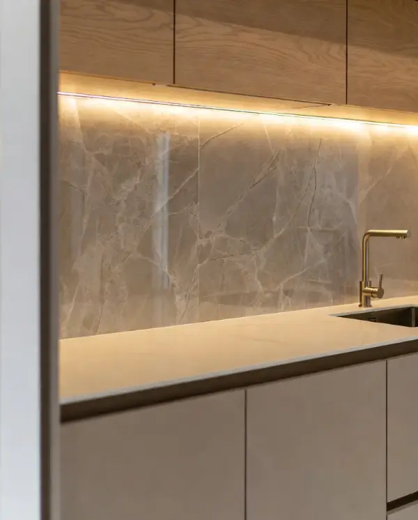 Μοντέρνα πλακάκια κουζίνας σε απόχρωση beige marble με ενσωματωμένο φωτισμό LED σε σύγχρονο σχεδιασμό κουζίνας