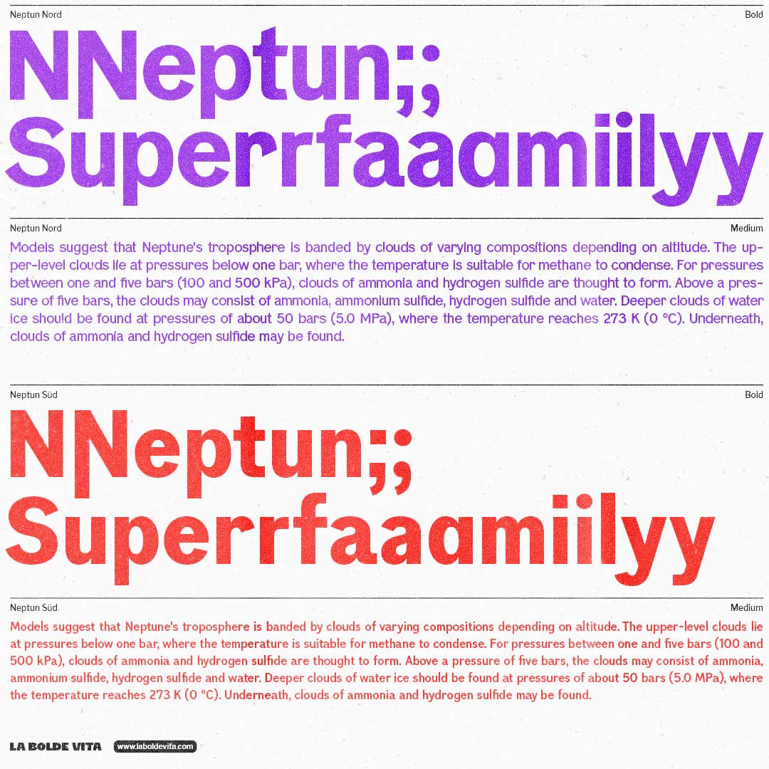 the two subfamilies of Neptun in direct comparison with alternate glyphs and a sample headline and body copy in different colours 