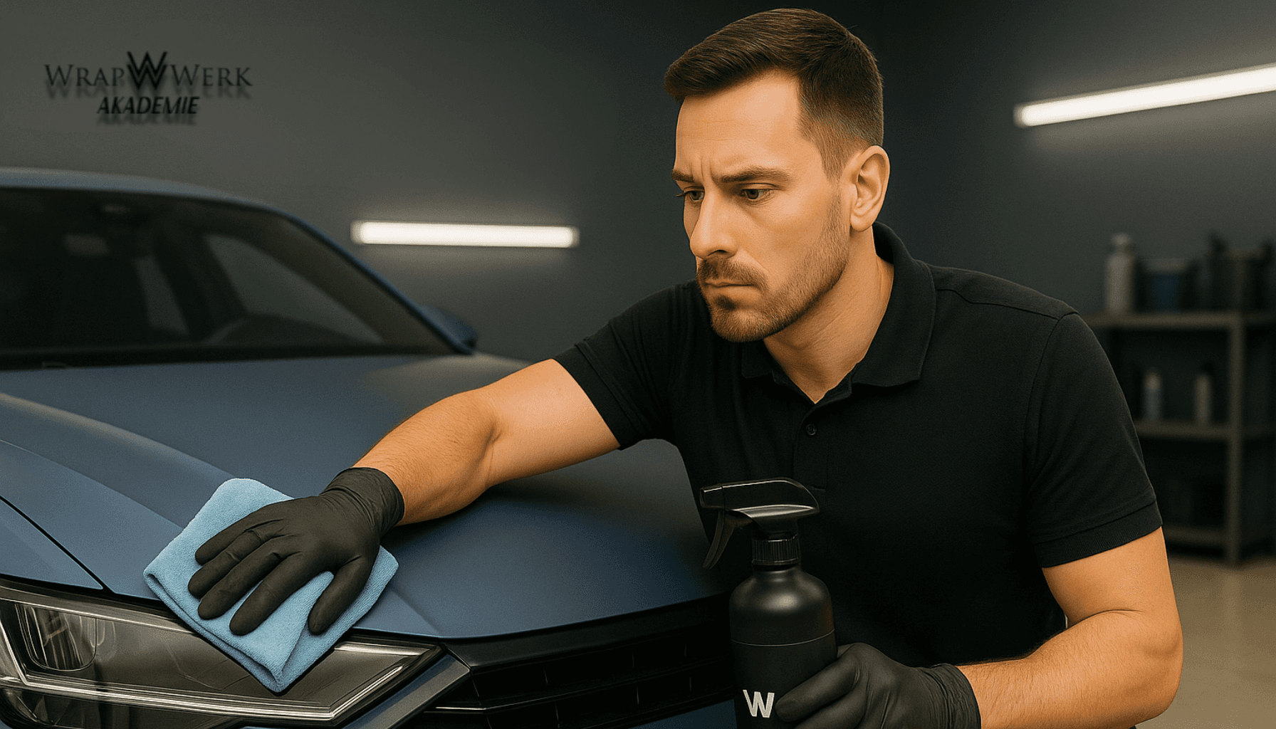 Autopflege in der Werkstatt: Mann reinigt matte Autofolie mit Mikrofasertuch