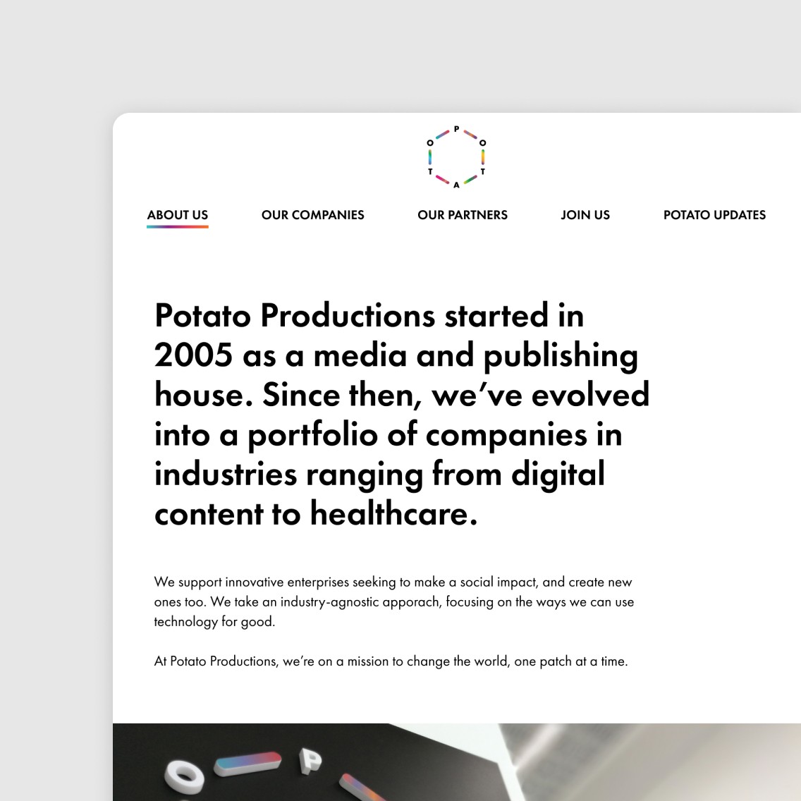 A browser mockup of Potato Productions' About Us page