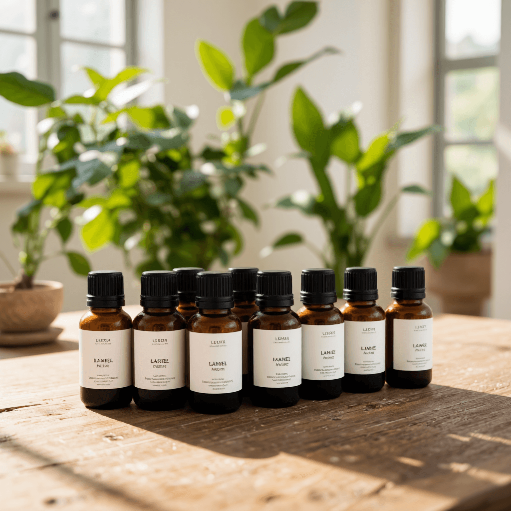 product photography of set of essential oil bottles