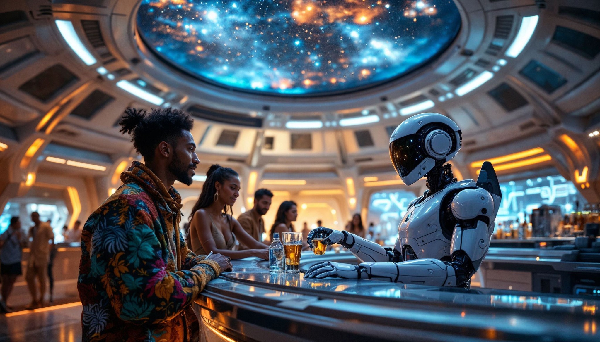 A futuristic bar with a robot bartender serving drinks to patrons, including a man in a colorful jacket. The ceiling displays an expansive view of a galaxy, adding a space-themed ambiance. Other patrons are seated at the sleek, modern bar.