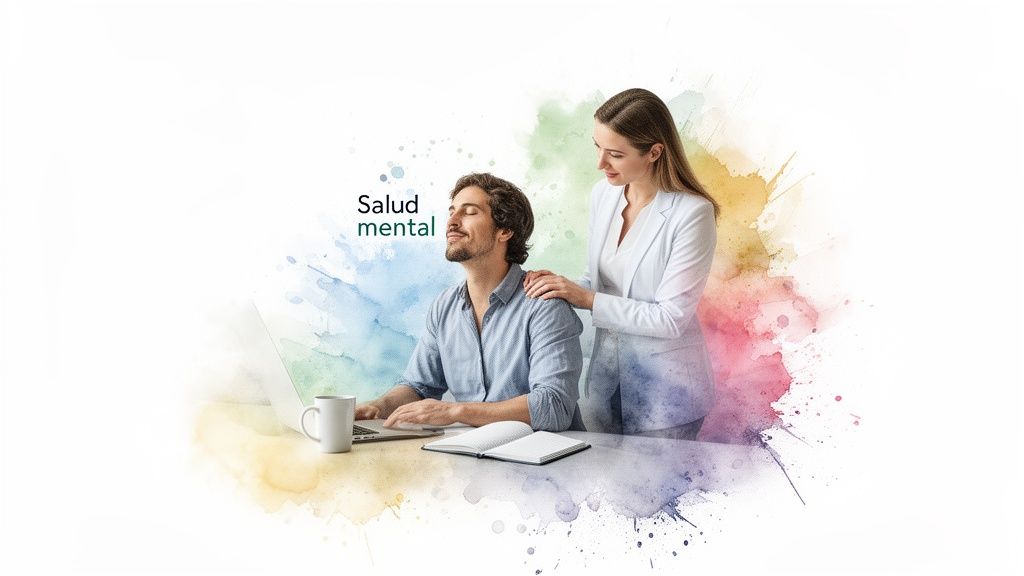Hombre relajado con laptop y mujer brindando apoyo en el trabajo, promoviendo la salud mental.