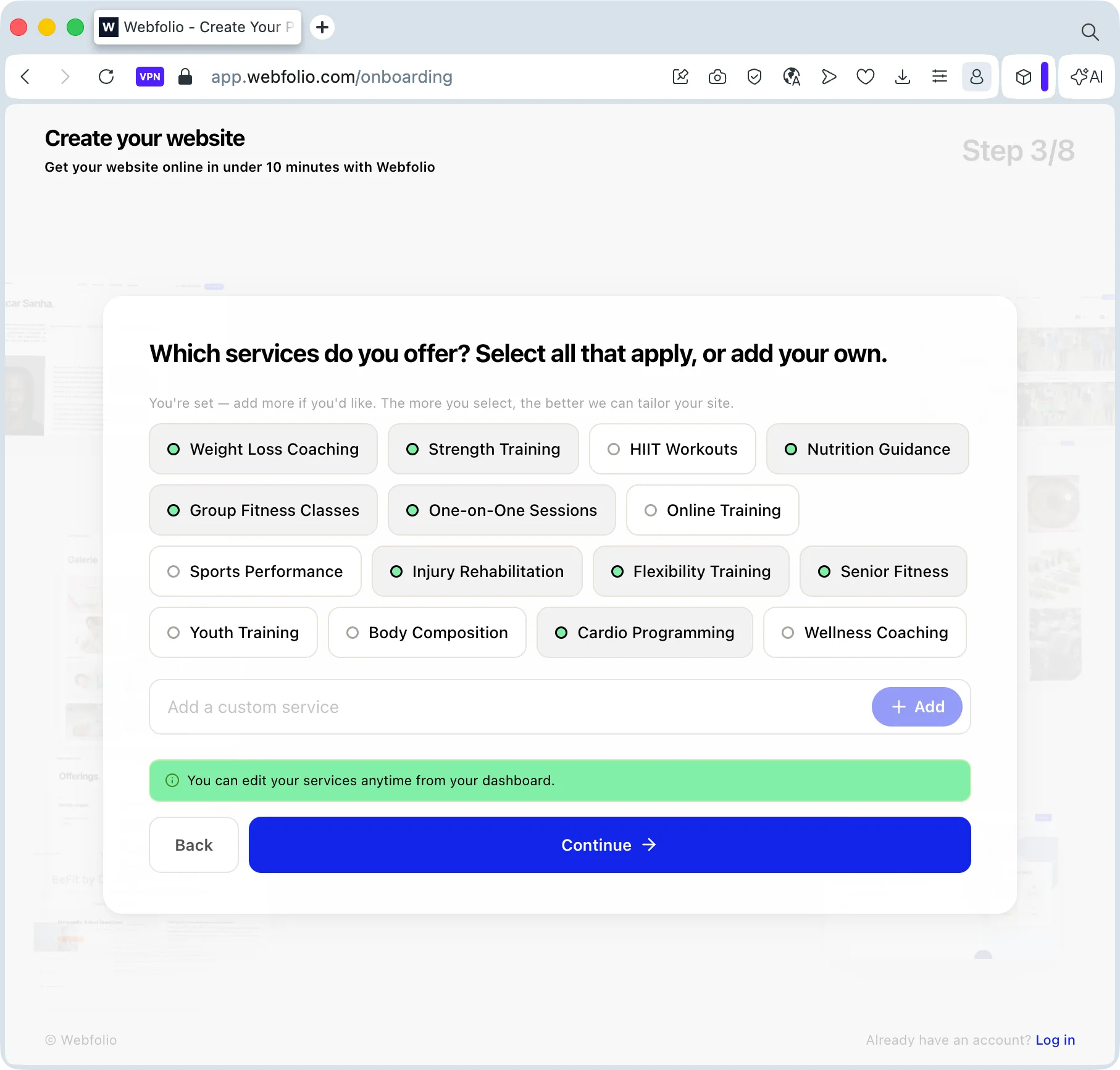 Webfolio onboarding step: selecting personal training services and specialties