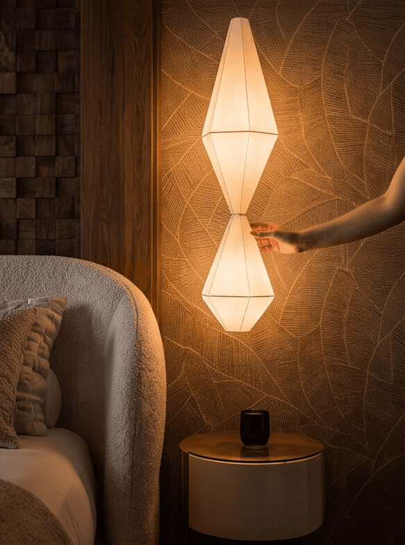 luminaire suspendu en origami textile, design hôtelier suisse