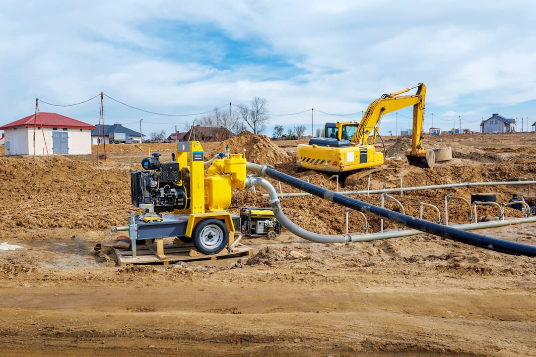 A yellow excavator works on a muddy construction site beside a well point dewatering system with a yellow pump.
